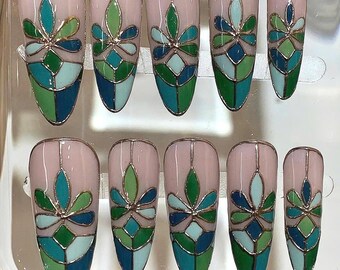 Stained Glass Press On Nails – Nude Floral, Handmade Nail Tips