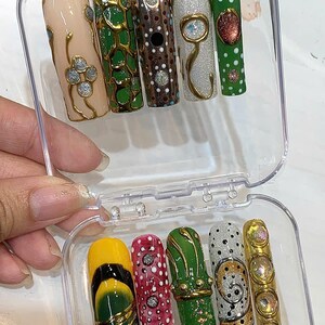 Hand Painted Press On Nails | Green Gold Abstract Dot Art image 4