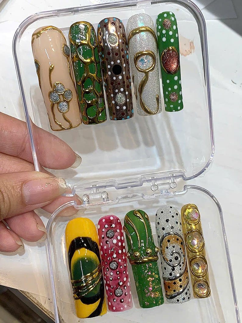 Hand Painted Press On Nails | Green Gold Abstract Dot Art image 4