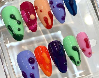 Colorful Drip Press On Nails: 3D Stiletto Nail Art - Reusable Set