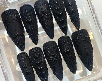 Black Gothic Press On Nails | 3D Heart, Baroque Stiletto