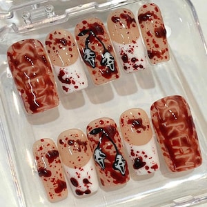 Handmade Horror Blood Splatter Press On Nails – Ghostface Halloween Nail Art