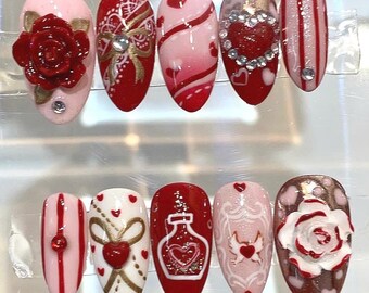 Valentine Press On Nails | Red Pink Heart Nails | Luxury Handmade Nail Set
