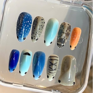 Shark Ocean Press On Nails | Cute Sea Animal Nail Art | Handmade Fish Nail Set | Unique Marine Life Nails | Cartoon Shark Fake Nails