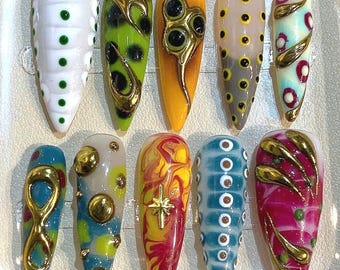 Colorful 3D Abstract Nails – Artistic Press On Nails – Unique Sculpted Design