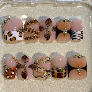 Animal Print Press On Nails | Leopard Zebra Nail Art with 3D Flowers & Gold Chains | Luxury Fall Nails Set | Fake Nails for Party