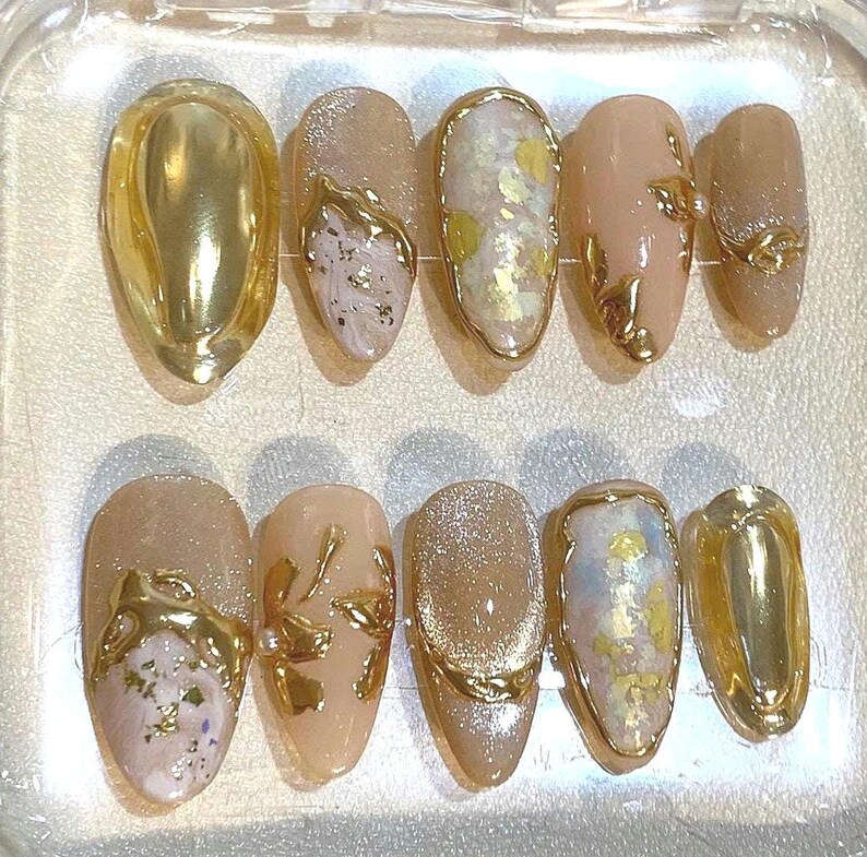 Gold Chrome Marble Press On Nails: Luxury Iridescent Nail Art Set image 2