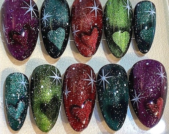 Galaxy Cat Eye Press On Nails: Handmade Starry Glitter Nail Art