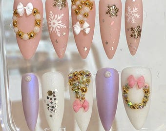 Presse-ongles de Noël rose - Ensemble d'ongles d'hiver flocon de neige et noeud