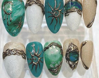Celestial Press On Nails, Sun Moon Gold 3D Nails, Green Marble Nail Set