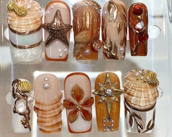 3D Ocean Press On Nails: Mermaid Pearl & Shell Nail Art, Handmade