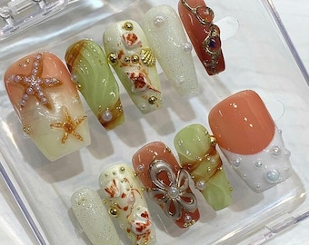 Mermaid Press On Nails | 3D Pearl Seashell, Ocean Treasure