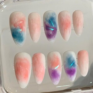 Pastel Cloud Press On Nails: Ombre Marble, Holographic Handmade Gel Nails