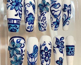 Blue Porcelain Press On Nails – Hand Painted Floral & Bird China Art Nail Set