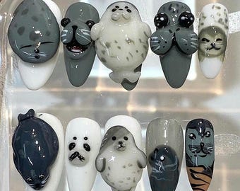 3D Seal Press On Nails, Kawaii Marine Animal Art, Handmade False Nails Set