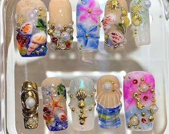 Mermaid Ocean Press On Nails | 3D Seashell Starfish Nail Art | Pearl Gold Beach Nails