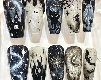 Gothic Halloween Press On Nails, Black Cat Ghost Spooky Moon Stars (Coffin Set)