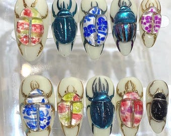Hand-Painted Bug Press On Nails: Realistic Insect Nail Art