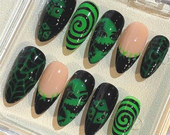 Oogie Boogie Halloween Press On Nails | Neon Green Gothic Nail Art Set