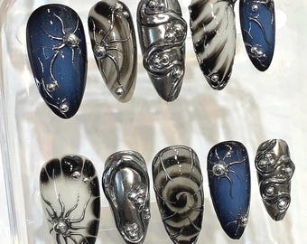Black Chrome Press On Nails, Futuristic Swirl Set, Metallic Edgy Cyber Punk Statement Nail