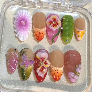3D Floral Press On Nails – Handmade Nature Inspired Nail Art with Butterfly & Leaf Designs | Colorful Summer Fake Nails