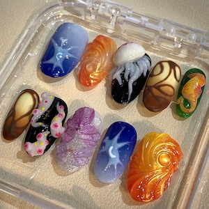 Fantasy Ocean Press On Nails – 3D Jellyfish, Seahorse, Coral & Galaxy Design | Handmade Under the Sea Fake Nails