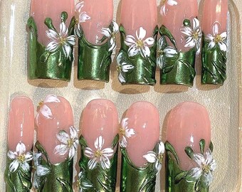 Handmade Green Floral Press On Nails: 3D White Flower Nail Art