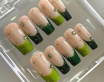 Green Ombre Press On Nails: Celestial Star Crystal Design