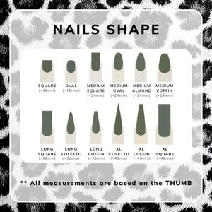 Puede incluir: Diagrama de formas de u&ntilde;as, incluyendo cuadrada, ovalada y stiletto, con longitudes aproximadas en mil&iacute;metros. El texto "NAILS SHAPE" est&aacute; en la parte superior, y "All measurements are based on the THUMB" est&aacute; en la parte inferior.