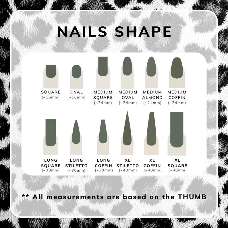 Puede incluir: Diagrama de formas de u&ntilde;as, incluyendo cuadrada, ovalada y stiletto, con longitudes aproximadas en mil&iacute;metros. El texto "NAILS SHAPE" est&aacute; en la parte superior, y "All measurements are based on the THUMB" est&aacute; en la parte inferior.
