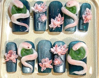 3D Snake & Lotus Press On Nails: Dark Green Floral Nail Art