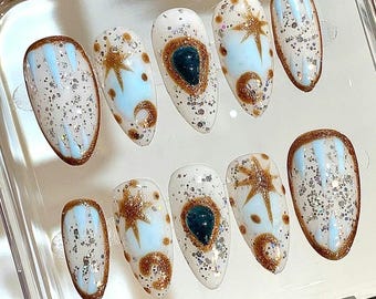 Celestial Press On Nails: Gouden Glitter Galaxy Nail Art Set