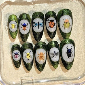 Insect Press On Nails: Beetle, Bee, Dragonfly, Ladybug Nail Art