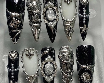 Gothic 3D Cross Press On Nails: Dark Chrome Star Nail Art