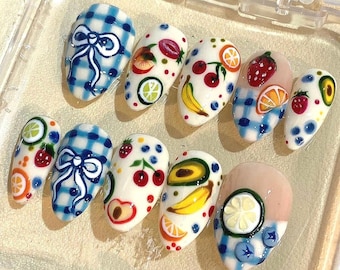 Handmade Fruit Press On Nails: Summer Gingham Nail Art Set