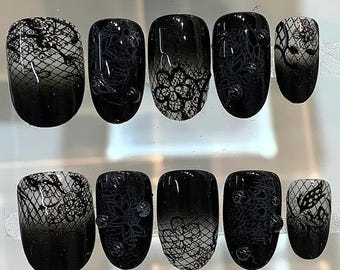 Black Lace Ombre Press On Nails | Gothic Witchy False Nail Art