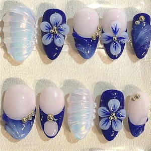 Blue 3D Floral Press On Nails | Elegant Navy Fake Nails with Pearls & Flowers | Glossy Handmade Nail Set for Wedding, Party, Spring Look