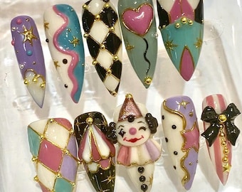 Halloween Circus Press On Nails, Spooky Carnival Clown Stiletto Set