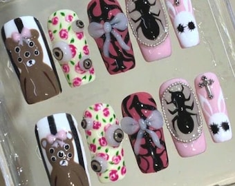 Horror Press On Nails, Halloween False Nails, Spider, Bunny, Bear, Eyeball, Bow