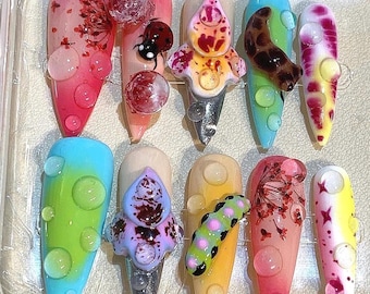 3D Bug Jelly Press On Nails: Kawaii Y2K Cartoon Nail Art