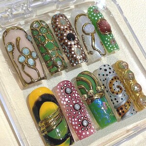 Hand Painted Press On Nails | Green Gold Abstract Dot Art image 2