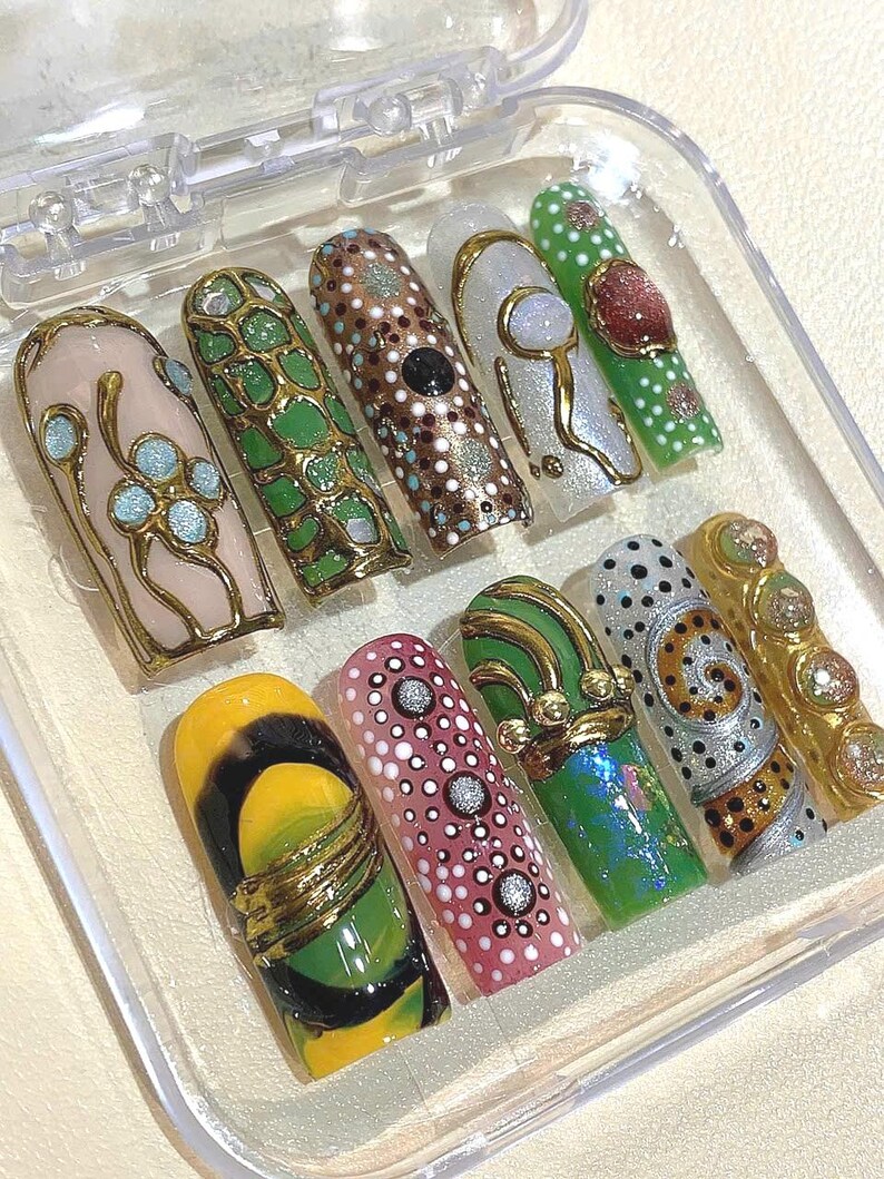 Hand Painted Press On Nails | Green Gold Abstract Dot Art image 2