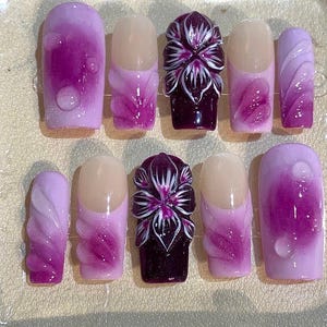 3D Floral Press On Nails: Purple Ombre Hand-Painted Nail Art