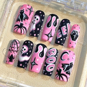 Pink and Black Halloween Press On Nails – Cute Spooky Nail Art with Ghosts, Bats, Pumpkins and BOO Design