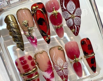 Red & Gold Floral Press On Nails – Romantic Glam Nail Set