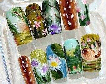 Hand Painted Forest Landscape Press On Nails | Cottagecore Floral