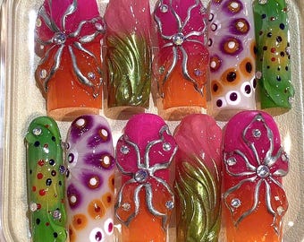 3D Flower Press On Nails: Bright Colorful Rhinestone Nail Set
