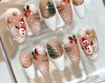 3D Snowman Christmas Press On Nails: Handmade Holiday Nail Set