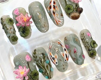 Koi Fish Lotus Press On Nails, Japanese Pond Set, 3D Sage Green Luxury Nails