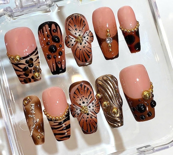 Brown Gold Press On Nails with 3D Flower Design